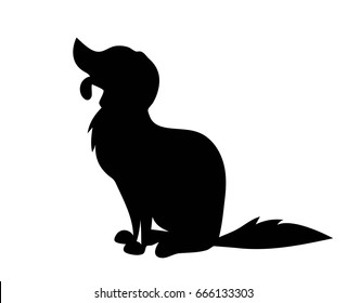 Vector happy sit dog with put out tongue black silhouette on white background cartoon style