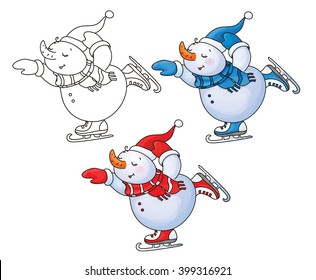 Vector happy skating snowman cartoon.