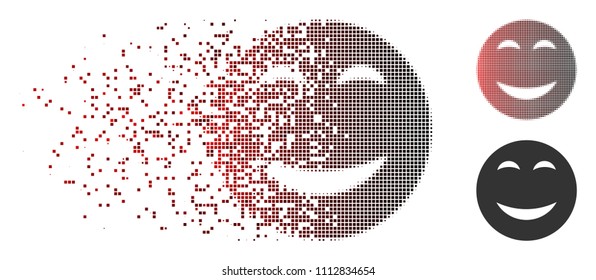 Vector happy smiley icon in dispersed, dotted halftone and undamaged solid variants. Disappearing effect uses square scintillas and horizontal gradient from red to black.