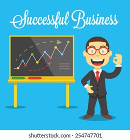 Vector feliz hombre de negocios sonriente e ilustración de tablero de gráfico. Modelo de negocio exitoso, concepto de alto beneficio. Elementos de Diseño gráfico de estilo plano de dibujos animados creativos modernos. Aislados sobre fondo azul