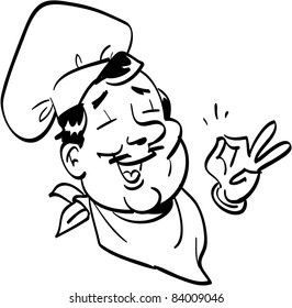 vector Happy smiling cartoon Chef, making the ok sign (black and white version)