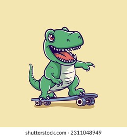 Vector Happy and Smiling Dinosaur. Cartoon Green Dinosaur Tyrannosaurus Rex, Tyrex with Outline on Skateboard, Design Template, Skater Dinosaur. Funny Print, T-shirt Design for Kids