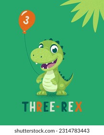 Vector Happy and Smiling Dinosaur. Cartoon Green Dinosaur Tyrannosaurus Rex, Tyrex with Outline on Skateboard, Design Template, Skater Dinosaur. Funny Print, T-shirt Design for Kids