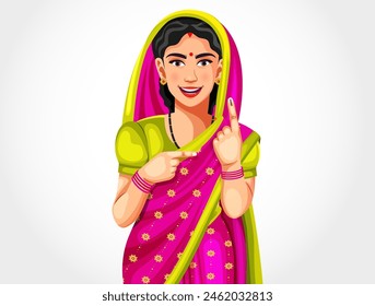 Vector of a happy smiling Indian rural woman showing voted ink marked finger during an election by looking at the camera
