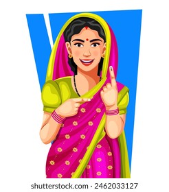 Vector de una mujer rural india sonriente y feliz mostrando un dedo marcado con tinta durante una elección mirando a la cámara