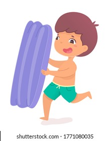 Vector happy smiling little boy carrying inflatable mattress running isolated on white background. Summertime rest, fun and recreation on sand beach. Excited child character ready to swim