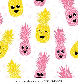 Vector happy smiling pineapples characters seamless pattern background. Great for summer design projects, fabric, wallpaper, giftwrap.