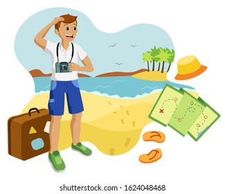 Vector happy smiling tourist guy on vacation traveling to the tropical seaside with camera, suitcase, map and panama hat. Journey around the world.