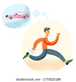 El vector alegre y sonriente personaje joven sosteniendo un documento de préstamo soñando con la compra de un auto. El tipo que recibe un contrato de crédito bancario por comprar un auto moderno. Ayuda financiera