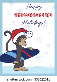 Vector Happy Snowboarding Holidays Snowboarder Monkey Greeting Card Design