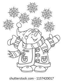 Vector   happy snowman cartoon, black  silhouette isolated on white for coloring.
