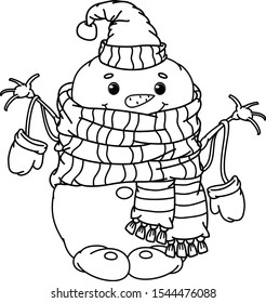 Vector   happy snowman cartoon, black silhouette for coloring.  