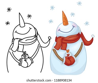 Vector happy snowman cartoon holding gift,  isolated on white.