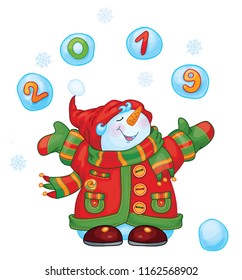 Vector   happy snowman cartoon,  isolated on white. Happy New  Year 2019.