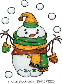 Vector  happy  snowman cartoon playing snowballs, isolated on white.