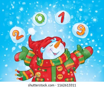 Vector happy snowman. Happy New Year 2019.
