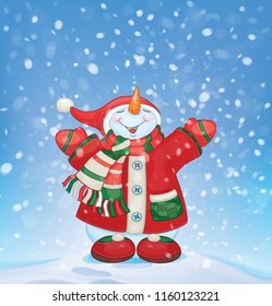 Vector happy snowman  and snowfall.