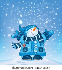 Vector happy snowman  and snowfall.