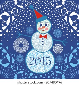 Vector of happy snowman and snowfall. Christmas card 2015.