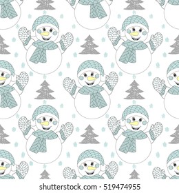 Vector happy snowmen seamless pattern. Hand drawn modern Christmas illustration for adult coloring book, for New Year 2017 posters and greeting cards