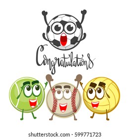 Vector happy sport balls characters celebrate a victory. Isolated on white background.