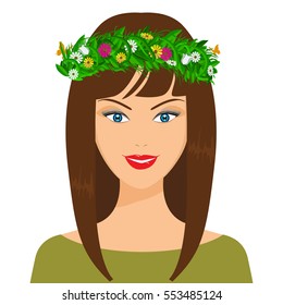 Vector happy spring girl. Floweres, leaves and butterfly on her hair. Flat color style design. Ideal for cosmetic ads