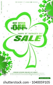 Vector  Happy St. Patrick's Day Beer  Sale promotional poster on the white background with green leafs of clover, text and abstract dot pattern.