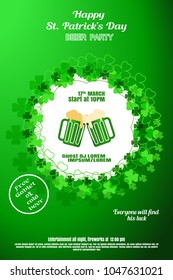 Vector Happy St. Patrick's Day Beer Party poster on the gradient green background with leaves of clover and label at the center.
