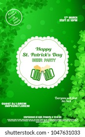 Vector Happy St. Patrick's Day Beer Party poster on the gradient green background with leaves of clover and label at the center.