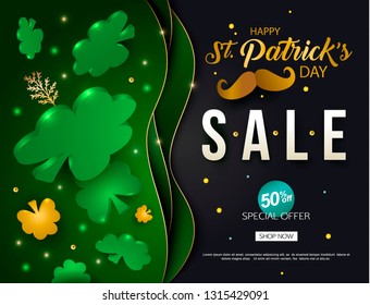 Vector Happy St. Patrick's Day, greeting card design.3d illustration. Elegant sale and discount promo backgrounds with  clover texture. Promotion and shopping template.