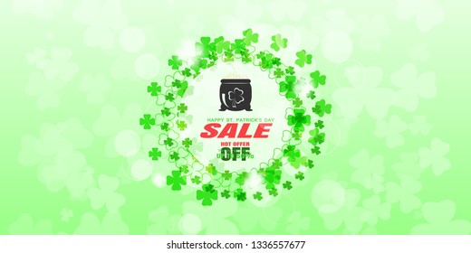 Vector Happy St. Patrick's Day Sale promotional wide poster on the light gradient green background with circles of green leafs of clover, label of magic cauldron and text at the ceneter.