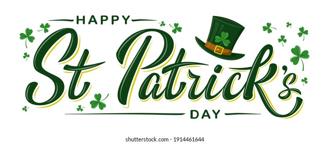 Vector Happy St Patrick's Day logotype. Hand sketched Irish celebration design with Leprechaun`s green hat and clover leaves isolated on white background. For greeting card, banner, flyer, poster