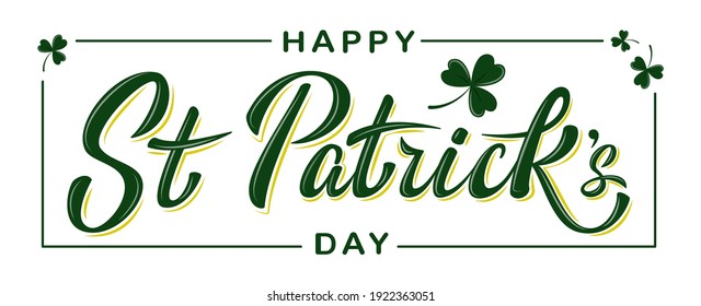 Vector Happy St Patrick's Day Logotype. Hand Sketched Irish Celebration Design With Clover Leaves Isolated On White Background. For Greeting Card, Banner, Flyer, Poster