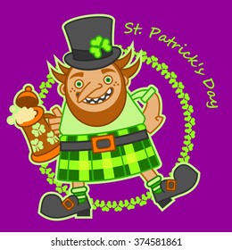 Vector happy St. Patrick's Day. Cartoon character irish leprechaun in a hat with a beer