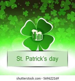 Vector Happy St. Patrick's Day poster on the gradient green background with cutout leaf of clover and paper stripe.