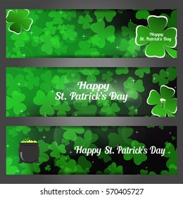 Vector Happy St. Patrick's Day bookmarks on the gradient dark green background with leaves of clover, shapes and cauldron with coins.