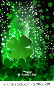 Vector Happy St. Patrick's Day poster on the gradient dark green background with leaves of clover, shapes and stars.