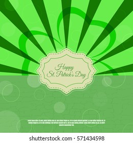 Vector Happy St. Patrick's Day poster on the gradient dark green background with rays, vintage label, leaf of clover silhouette.