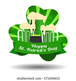Vector Happy St. Patrick's Day poster on the gradient dark green background with rays, goblets of beer, stripe and cauldron with coins.