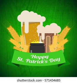 Vector Happy St. Patrick's Day poster on the gradient dark green background with wood pattern, goblets of beer, stripe and cauldron with coins.