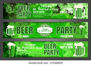 Vector Happy St. Patrick's Day beer party banners on the gradient dark green background with leaves of clover, goblets of beer.