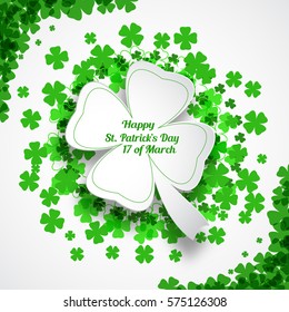 Vector Happy St. Patrick's Day poster on the white background with leaf of clover shape cut from paper, shadow, text and clover leaves arranged in a circle and at corners.