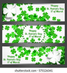Vector Happy St. Patrick's Day banners on the white background with leaves of clover, text.