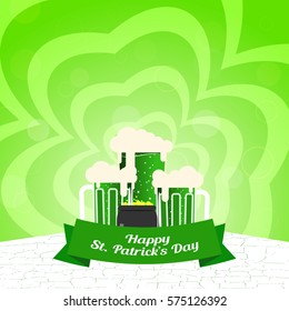 Vector Happy St. Patrick's Day poster on the gradient light green background with radiance, goblets of beer and cauldron with coins.