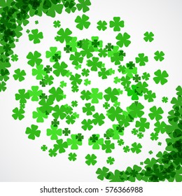 Vector Happy St. Patrick's Day poster on the white background with clover leaves arranged in a circle and at corners.