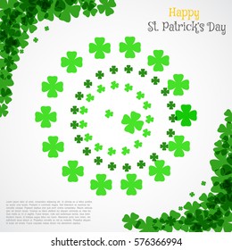 Vector Happy St. Patrick's Day poster on the white background with text and clover leaves arranged in a circle and at corners.