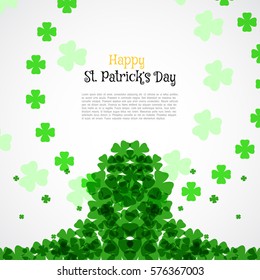 Vector Happy St. Patrick's Day poster on the white background with text and clover leaves arranged in a circle and center.