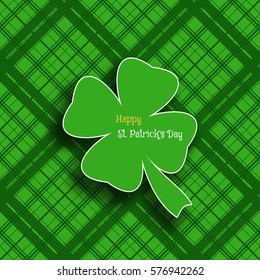 Vector Happy St. Patrick's Day poster on the green line pattern background, leaf of clover shape cut from paper, shadow, text.