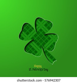 Vector Happy St. Patrick's Day poster on the green gradient background, leaf of clover shape cut from paper and line pattern, shadow, text.