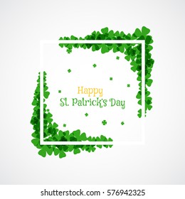 Vector Happy St. Patrick's Day poster on the white background with white frame, green leaves and text.